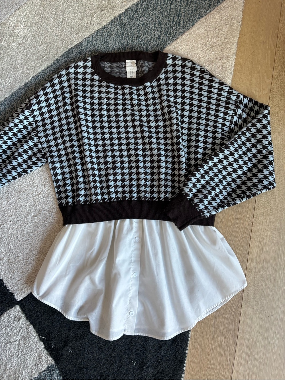 Joie Houndstooth Knit Pullover Sweater Layered White Shirt Hem Wormens Size XL
